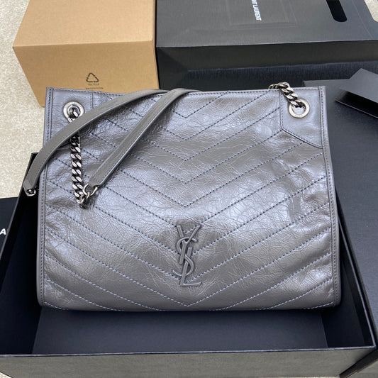 Saint Laurent Tinware Gray Large Niki Shopper Bag In Wrinkled Calfskin