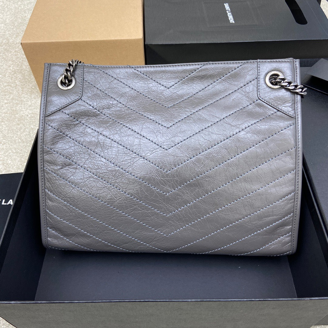 Saint Laurent Tinware Gray Large Niki Shopper Bag In Wrinkled Calfskin