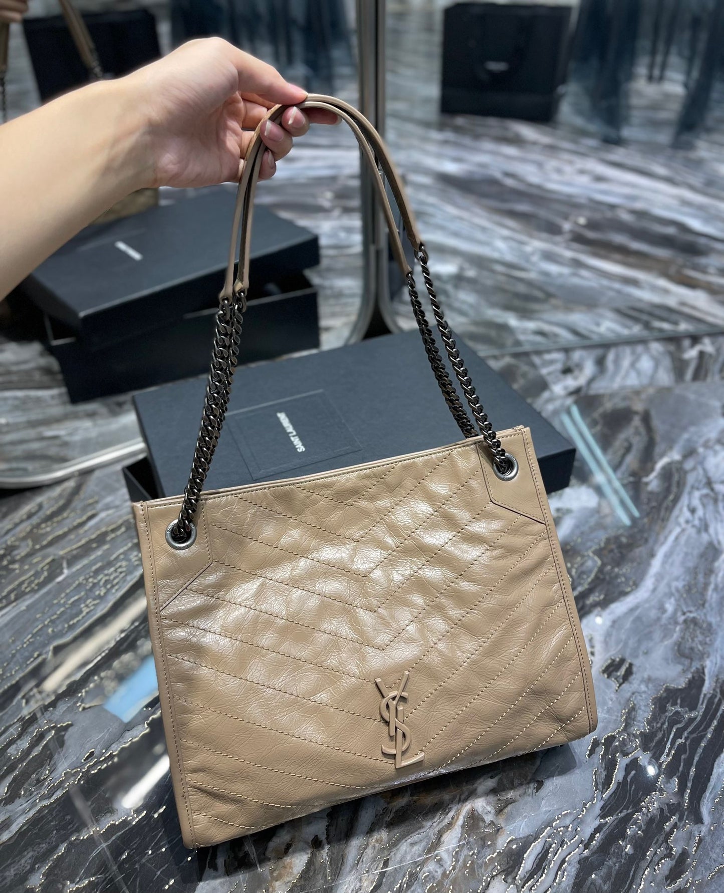 Saint Laurent Apricot Large Niki Shopper Bag In Wrinkled Calfskin