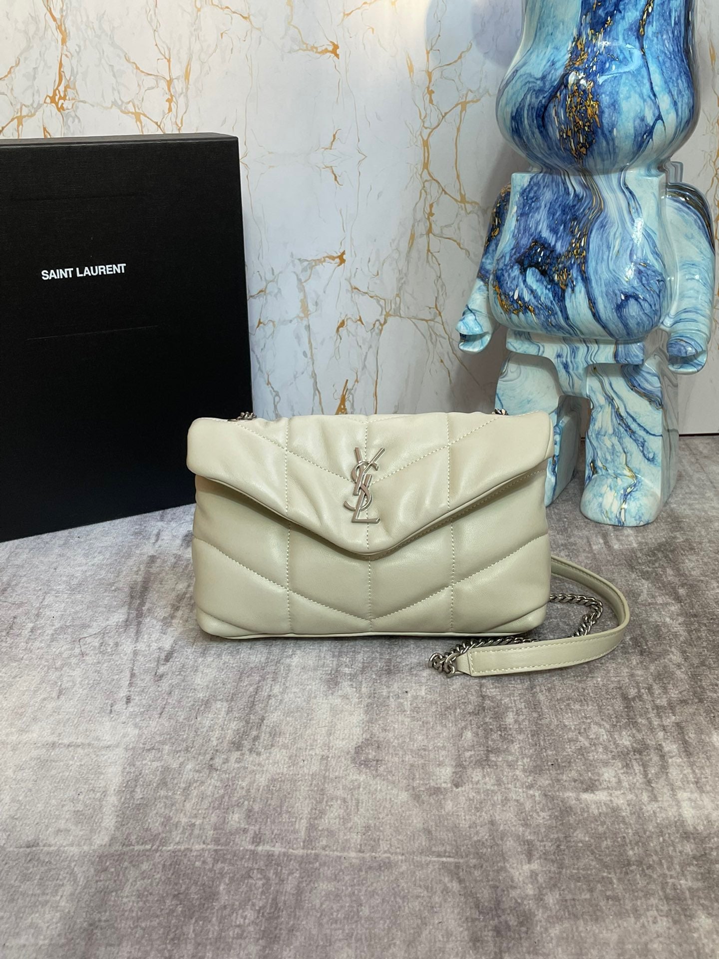 Saint Laurent Puffer Toy Bag In White Quilted Lambskin With Silver Hardware