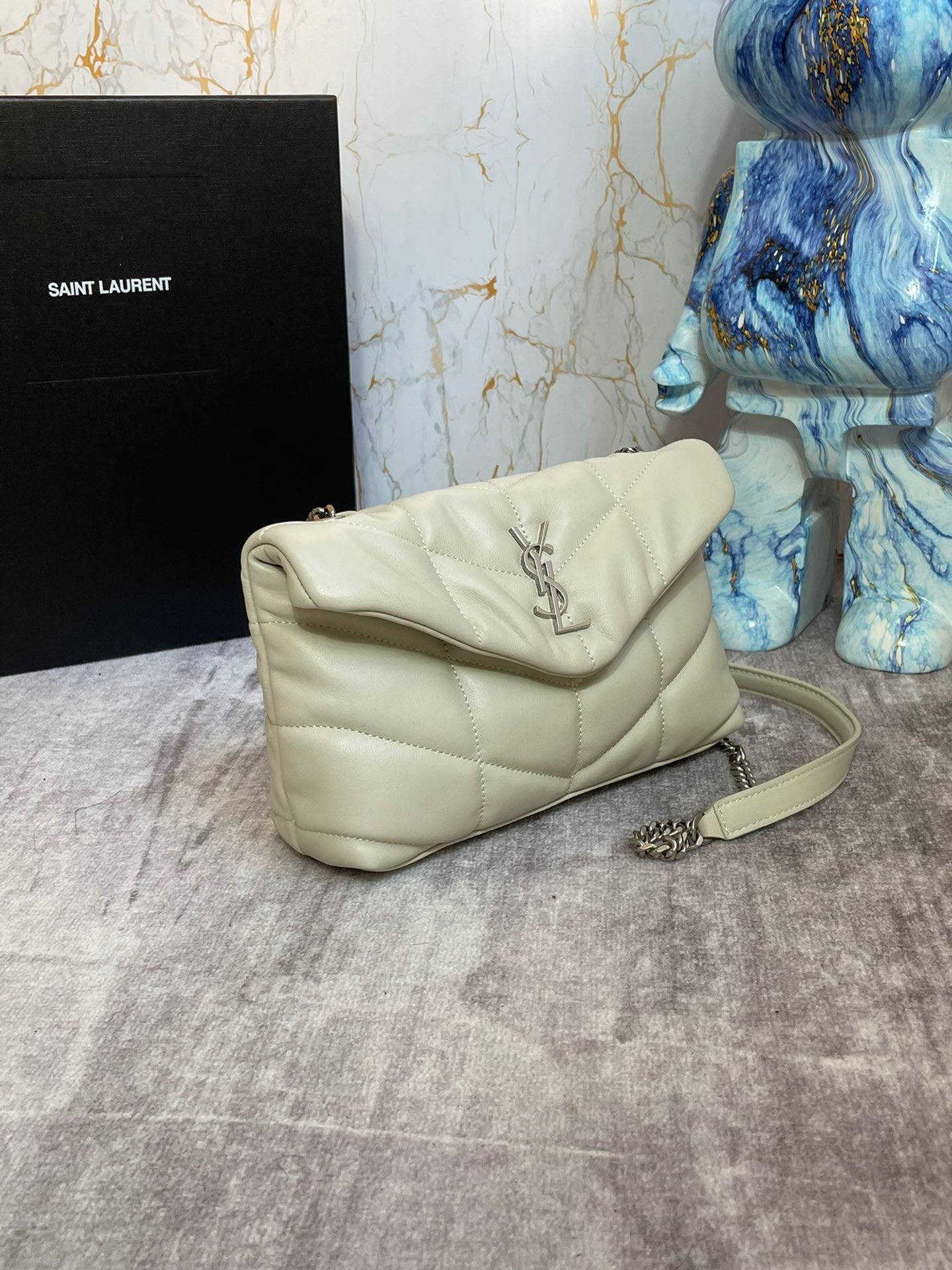 Saint Laurent Puffer Toy Bag In White Quilted Lambskin With Silver Hardware