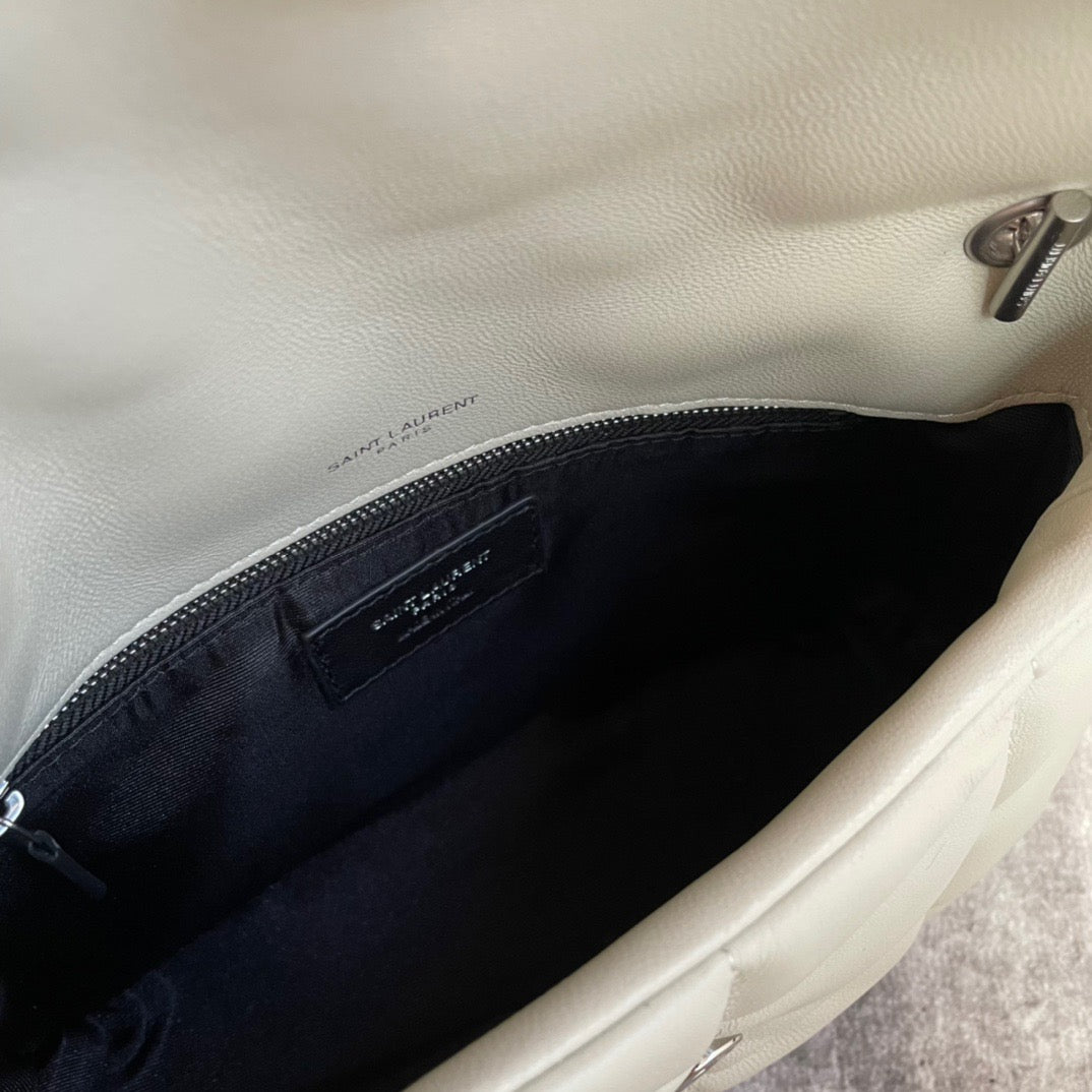 Saint Laurent Puffer Toy Bag In White Quilted Lambskin With Silver Hardware