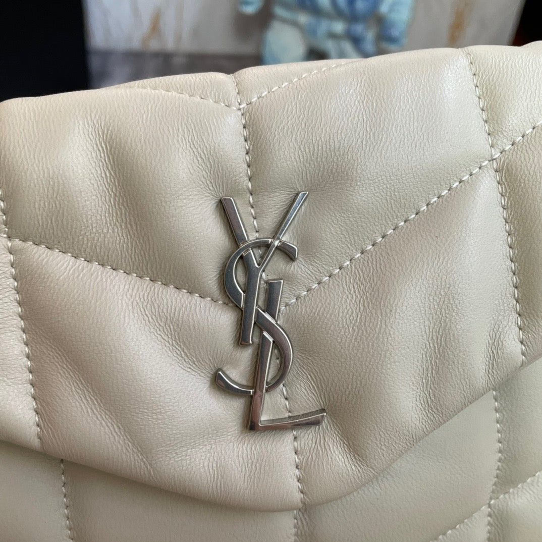 Saint Laurent Puffer Toy Bag In White Quilted Lambskin With Silver Hardware