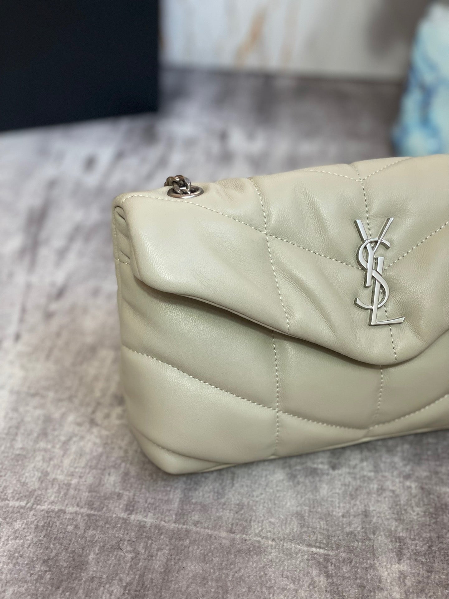 Saint Laurent Puffer Toy Bag In White Quilted Lambskin With Silver Hardware
