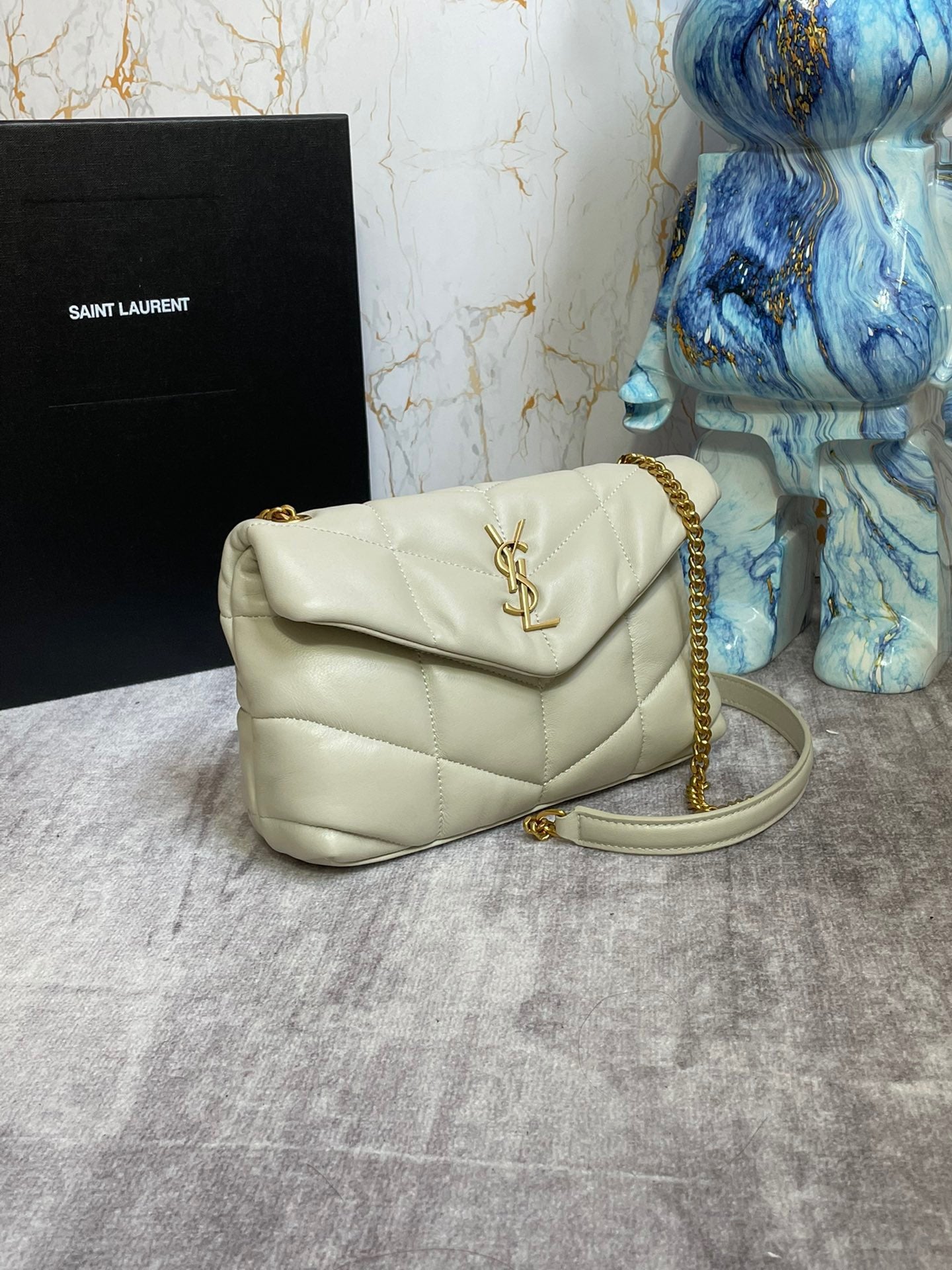 Saint Laurent Puffer Toy Bag In White Quilted Lambskin With Gold Hardware