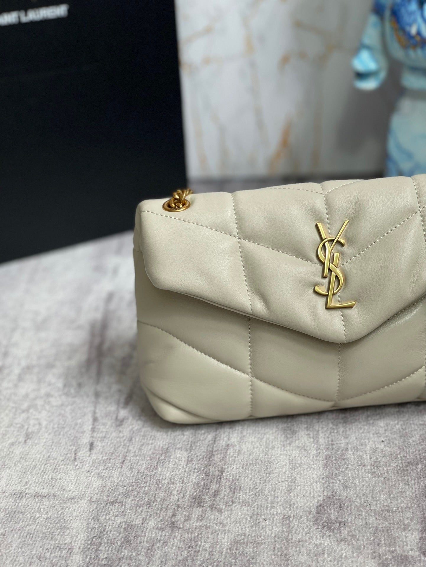 Saint Laurent Puffer Toy Bag In White Quilted Lambskin With Gold Hardware