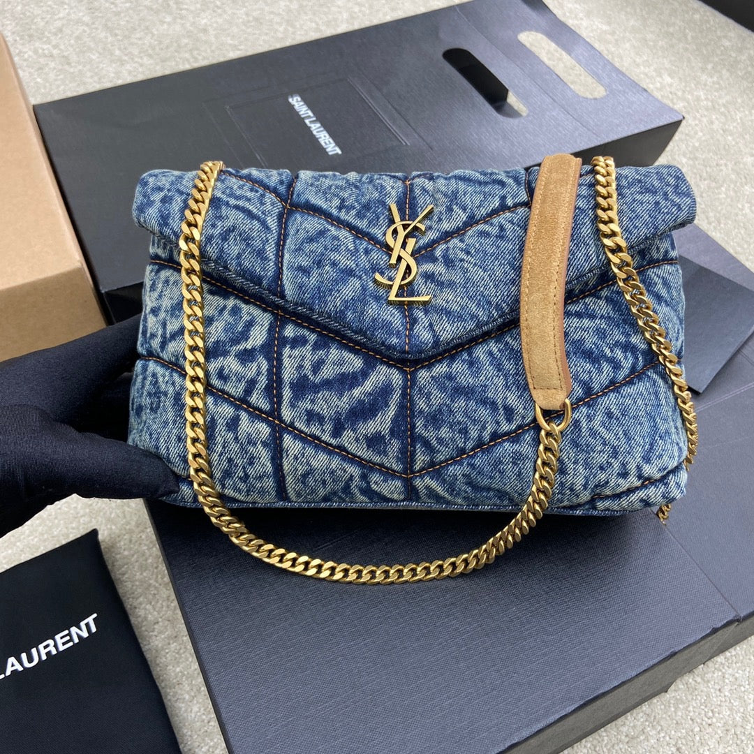 Saint Laurent Puffer In Vintage Denim Quilted Toy Bag