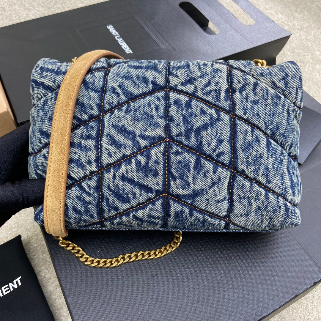 Saint Laurent Puffer In Vintage Denim Quilted Toy Bag