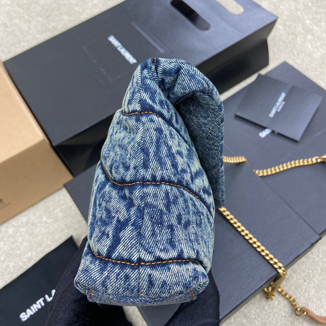 Saint Laurent Puffer In Vintage Denim Quilted Toy Bag