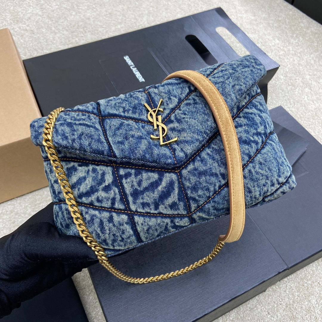 Saint Laurent Puffer In Vintage Denim Quilted Toy Bag