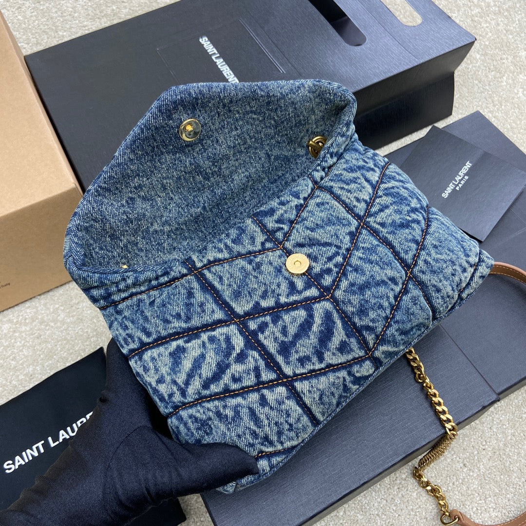 Saint Laurent Puffer In Vintage Denim Quilted Toy Bag