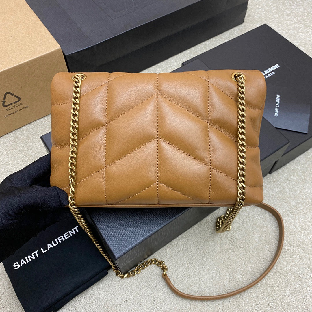 Saint Laurent Puffer Toy Bag In Gold Brown Quilted Lambskin