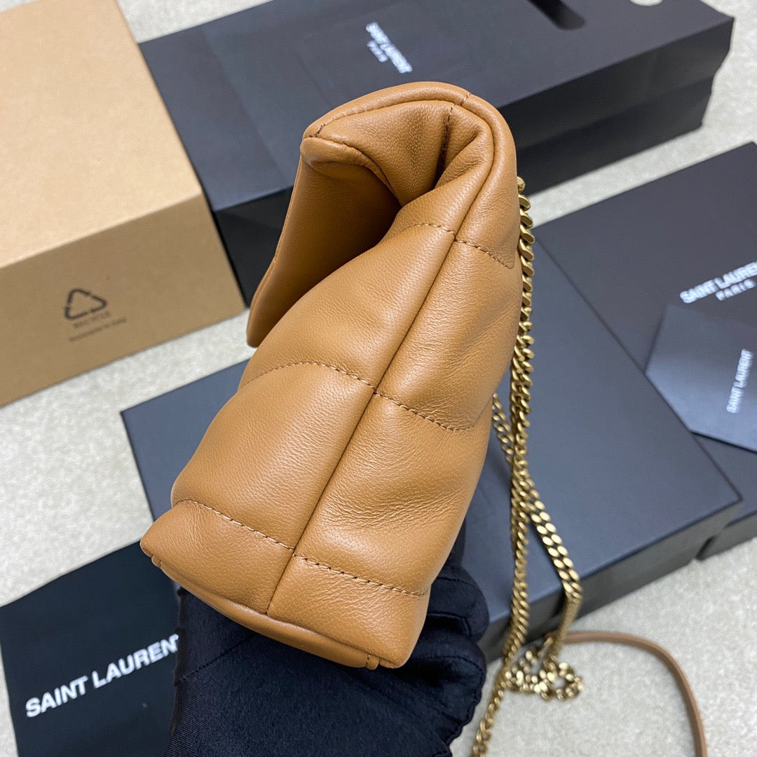 Saint Laurent Puffer Toy Bag In Gold Brown Quilted Lambskin