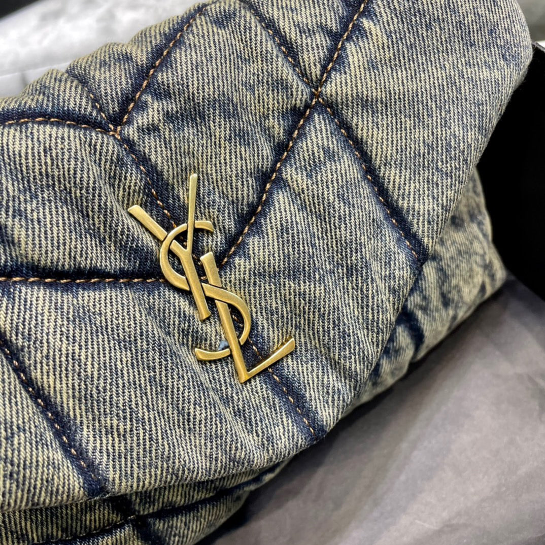 Saint Laurent Puffer In Vintage Denim Quilted Toy Bag