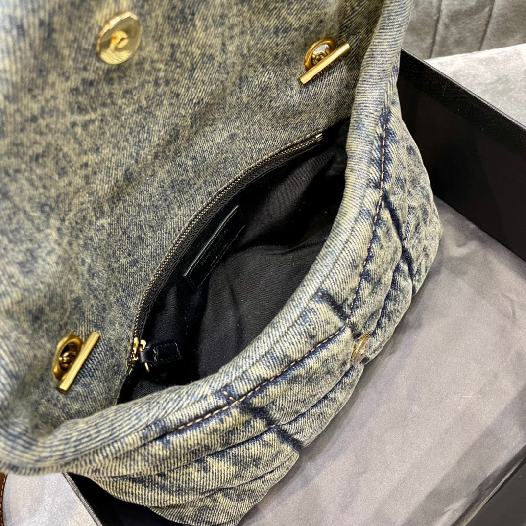 Saint Laurent Puffer In Vintage Denim Quilted Toy Bag