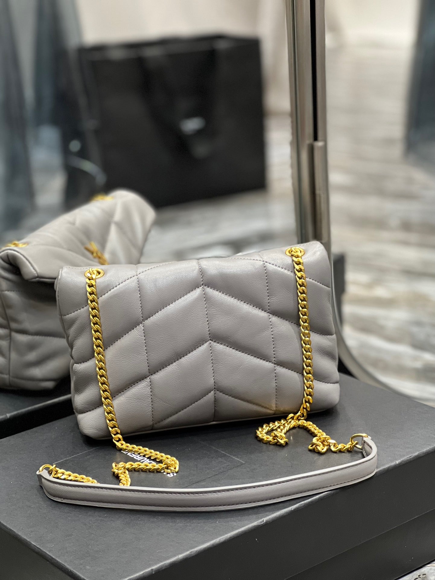 Saint Laurent Puffer Toy Bag In Gray Quilted Lambskin