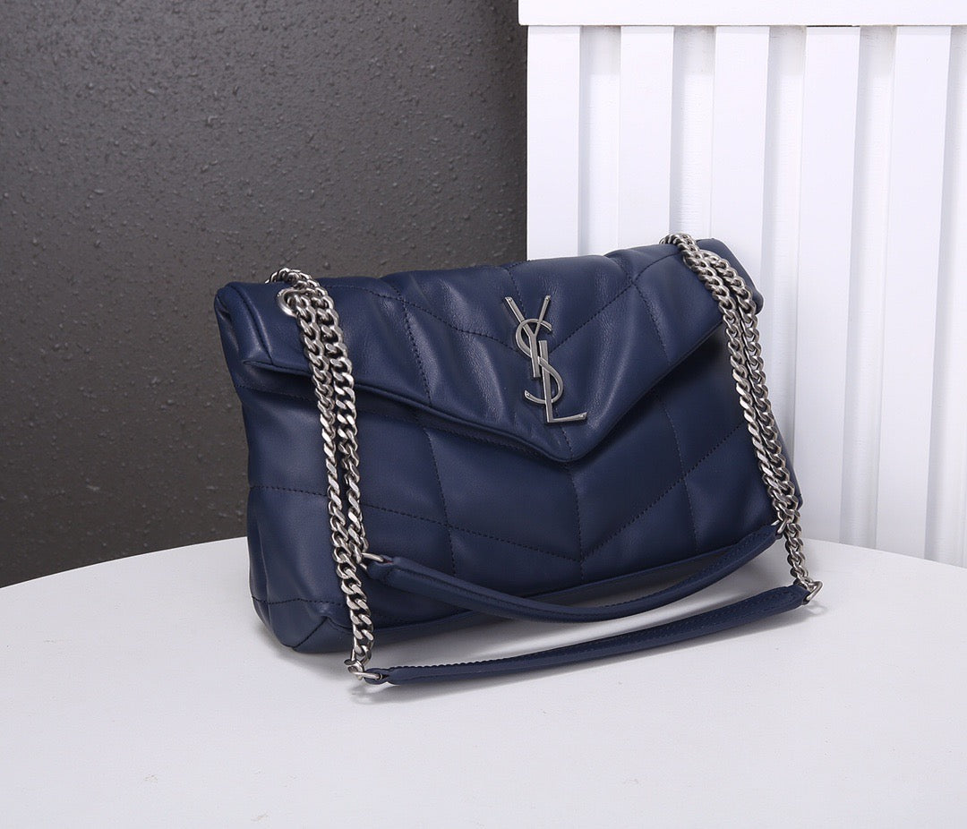 Saint Laurent Puffer Small Chain Bag In Dark Blue Lambskin