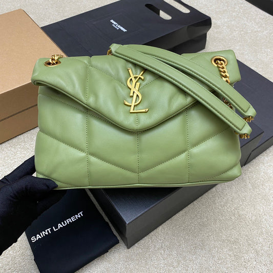 Saint Laurent Puffer Small Chain Bag In Green Lambskin