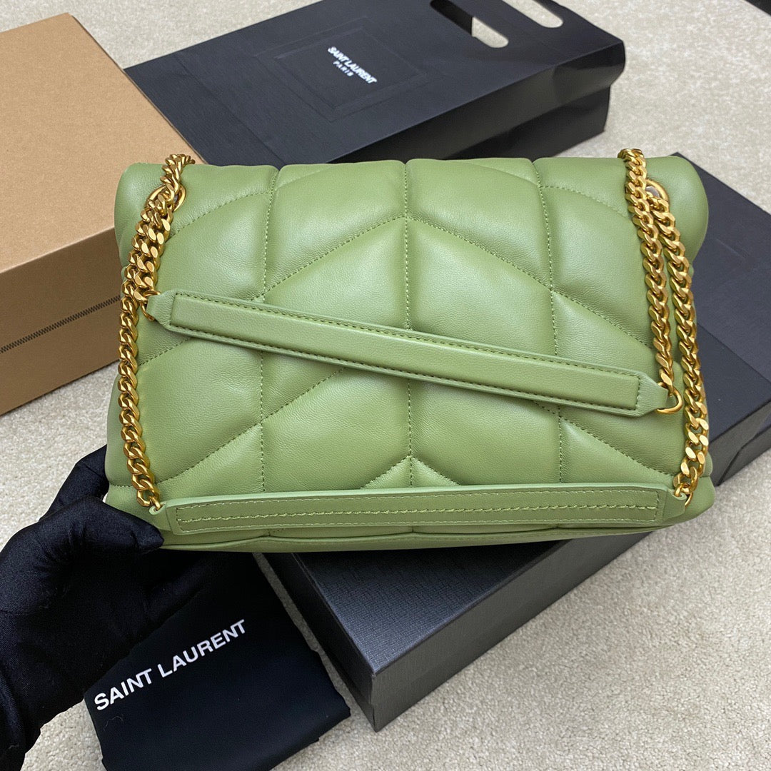 Saint Laurent Puffer Small Chain Bag In Green Lambskin