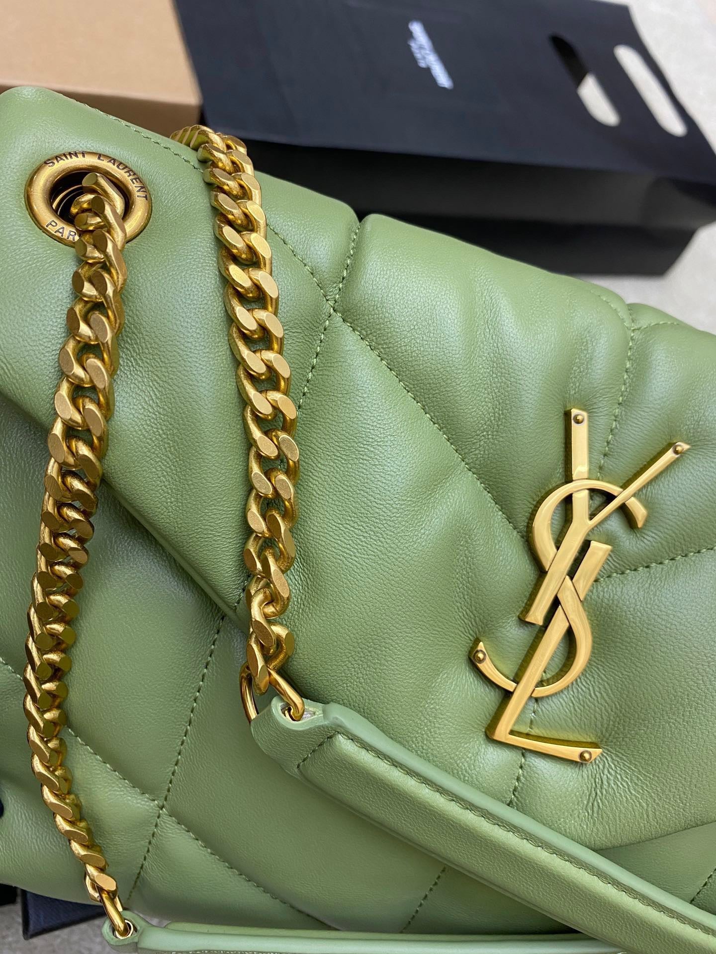 Saint Laurent Puffer Small Chain Bag In Green Lambskin