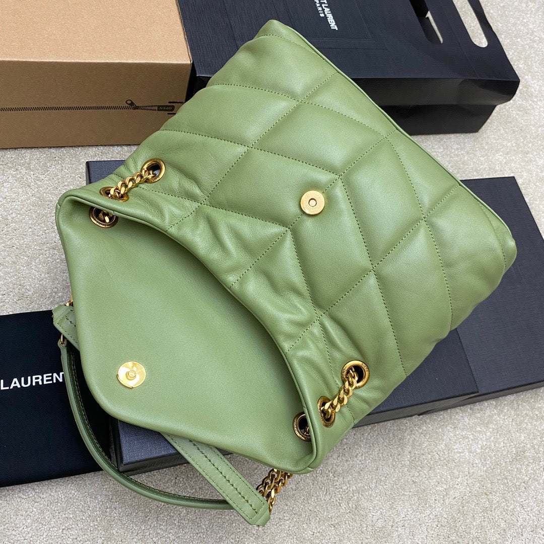 Saint Laurent Puffer Small Chain Bag In Green Lambskin