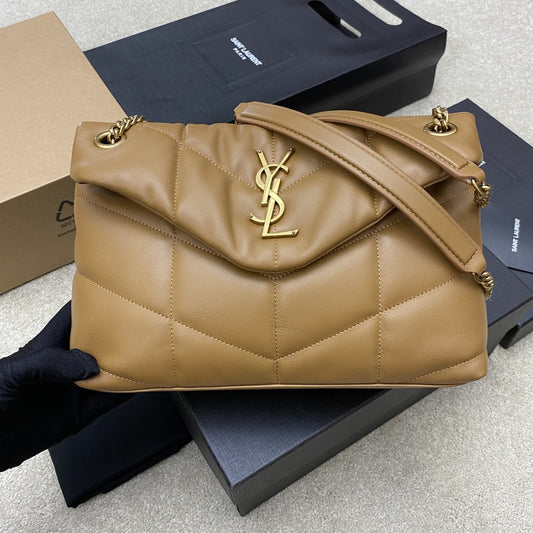 Saint Laurent Puffer Small Chain Bag In Gold Brown Lambskin