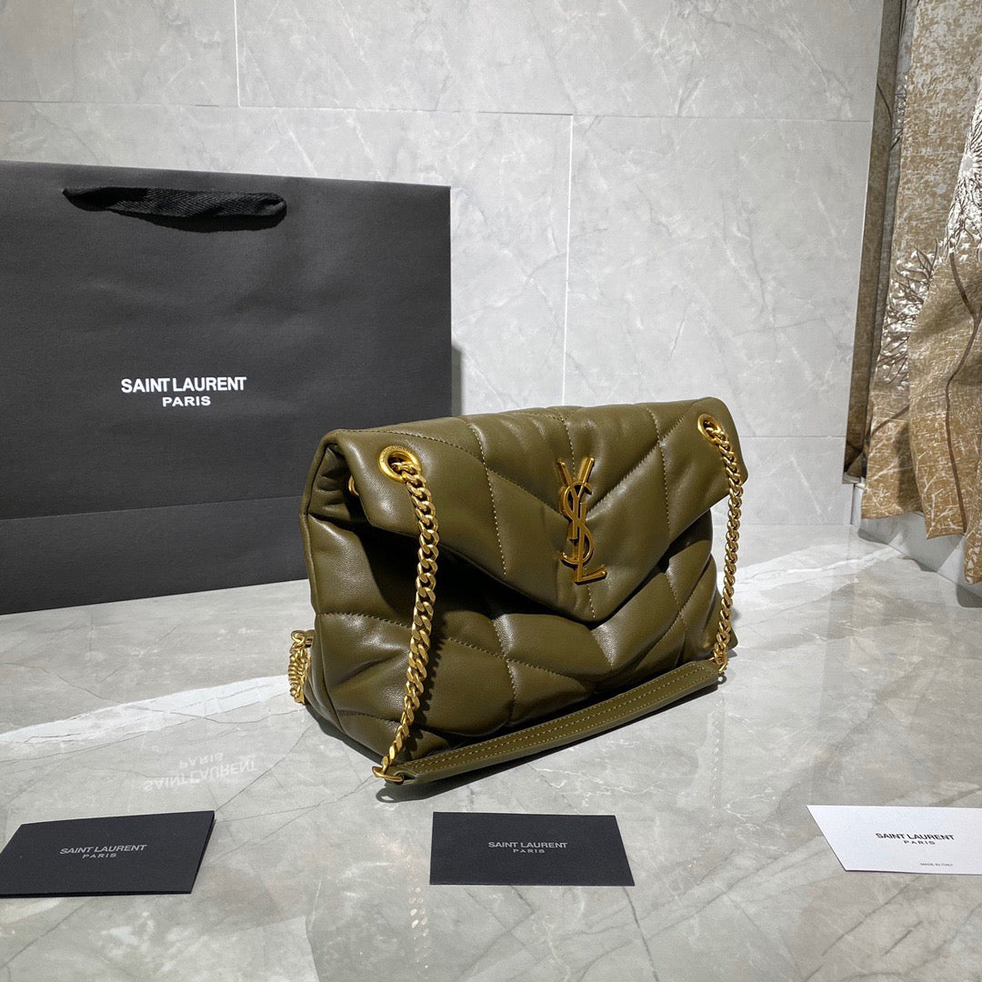 Saint Laurent Puffer Small Chain Bag In Dark Green Lambskin