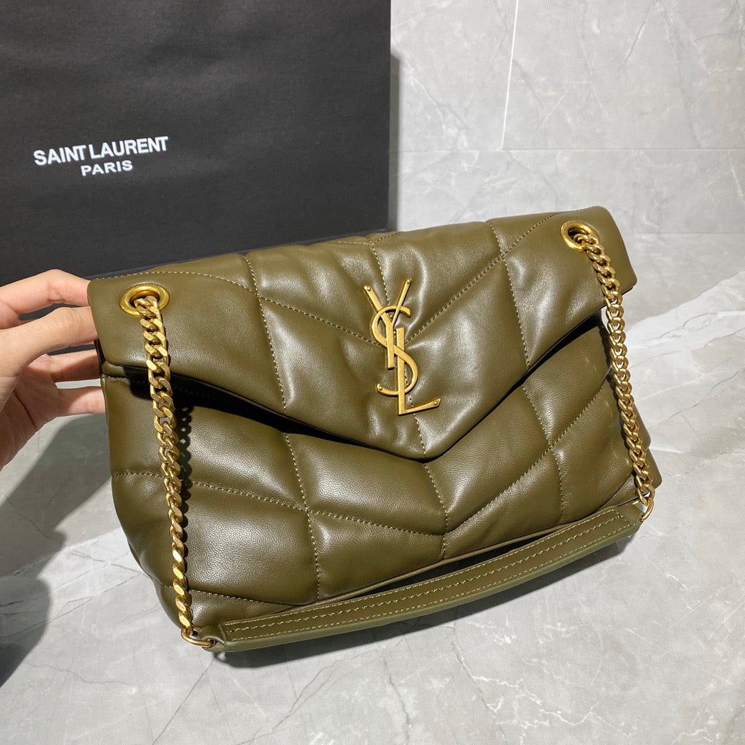 Saint Laurent Puffer Small Chain Bag In Dark Green Lambskin