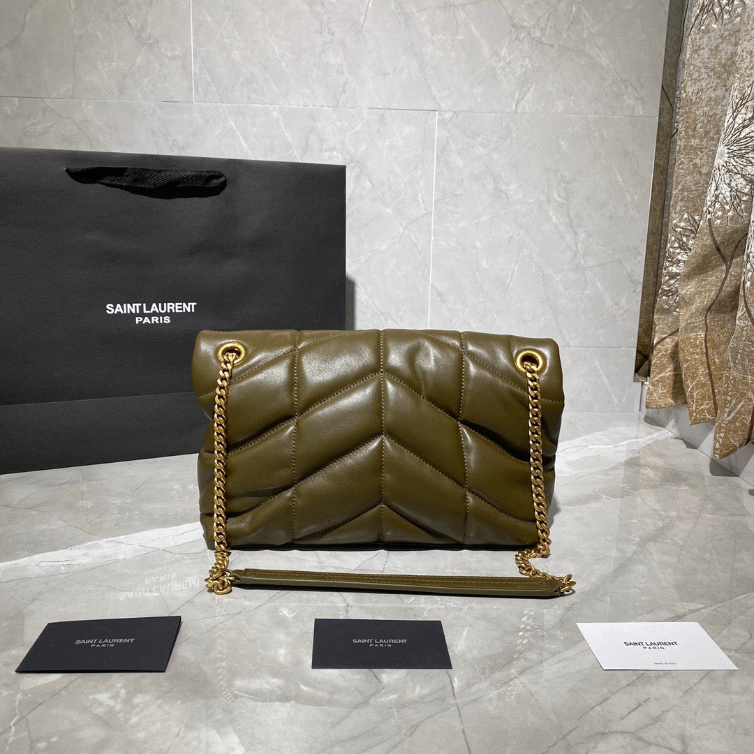 Saint Laurent Puffer Small Chain Bag In Dark Green Lambskin