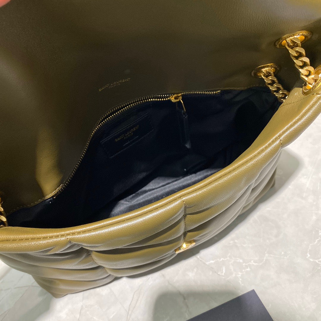 Saint Laurent Puffer Small Chain Bag In Dark Green Lambskin