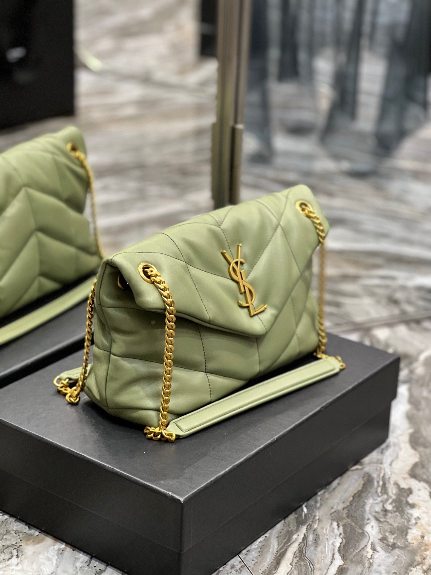 Saint Laurent Puffer Small Chain Bag In Light Green Lambskin