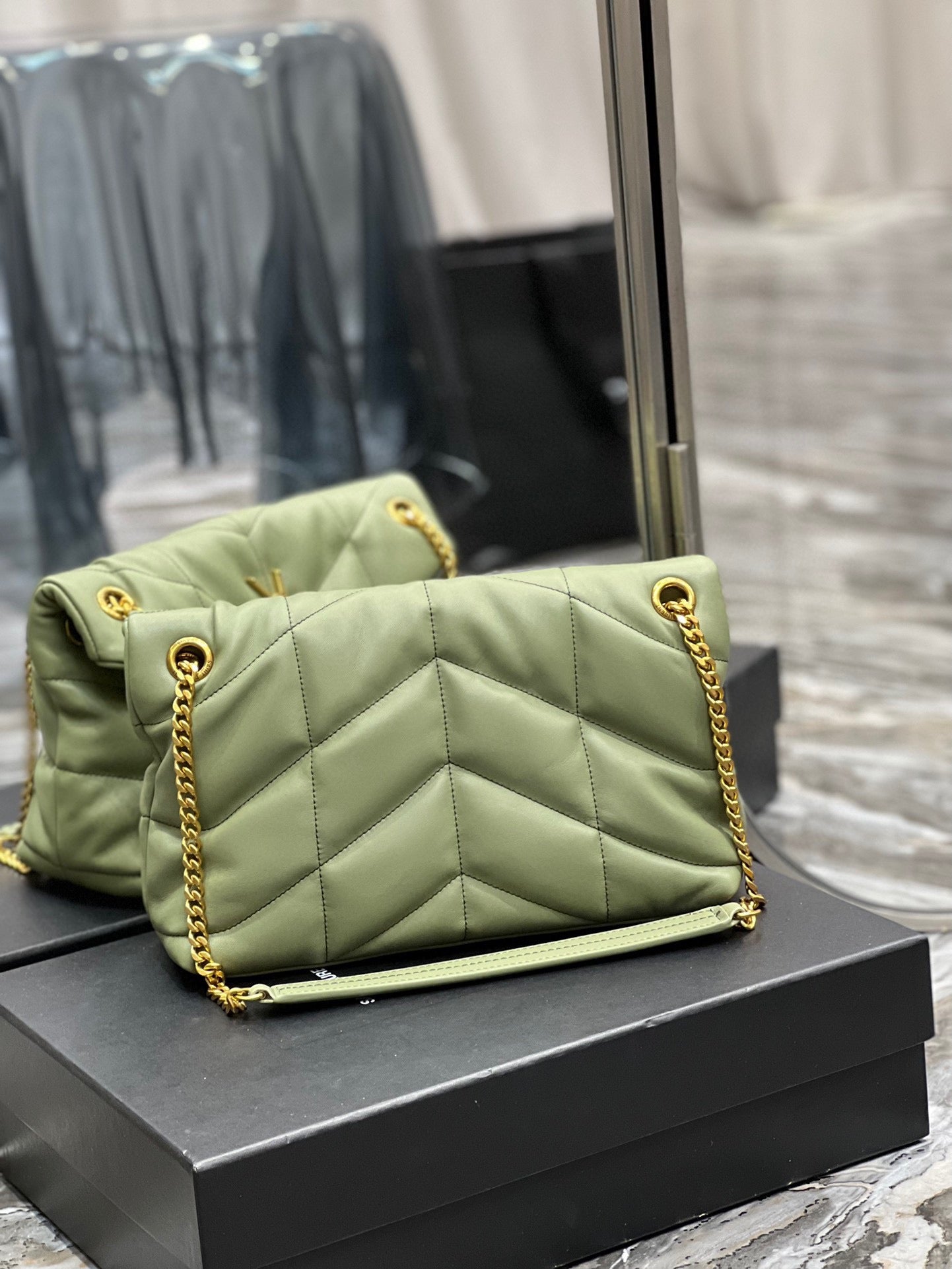 Saint Laurent Puffer Small Chain Bag In Light Green Lambskin