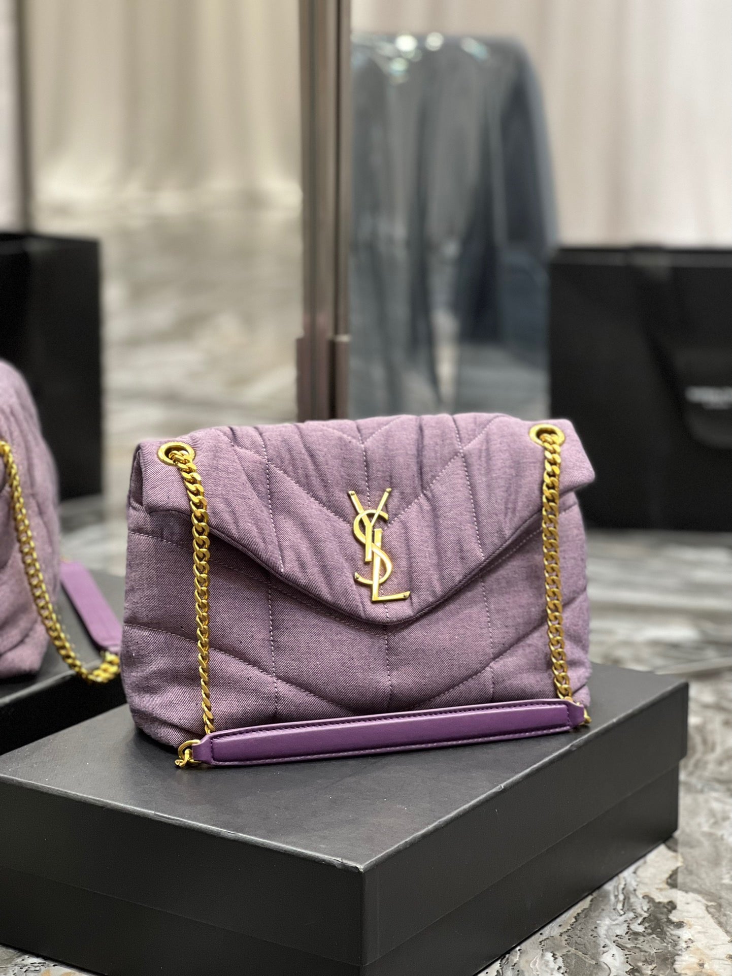 Saint Laurent Puffer Small Purple Canvas Chain Bag