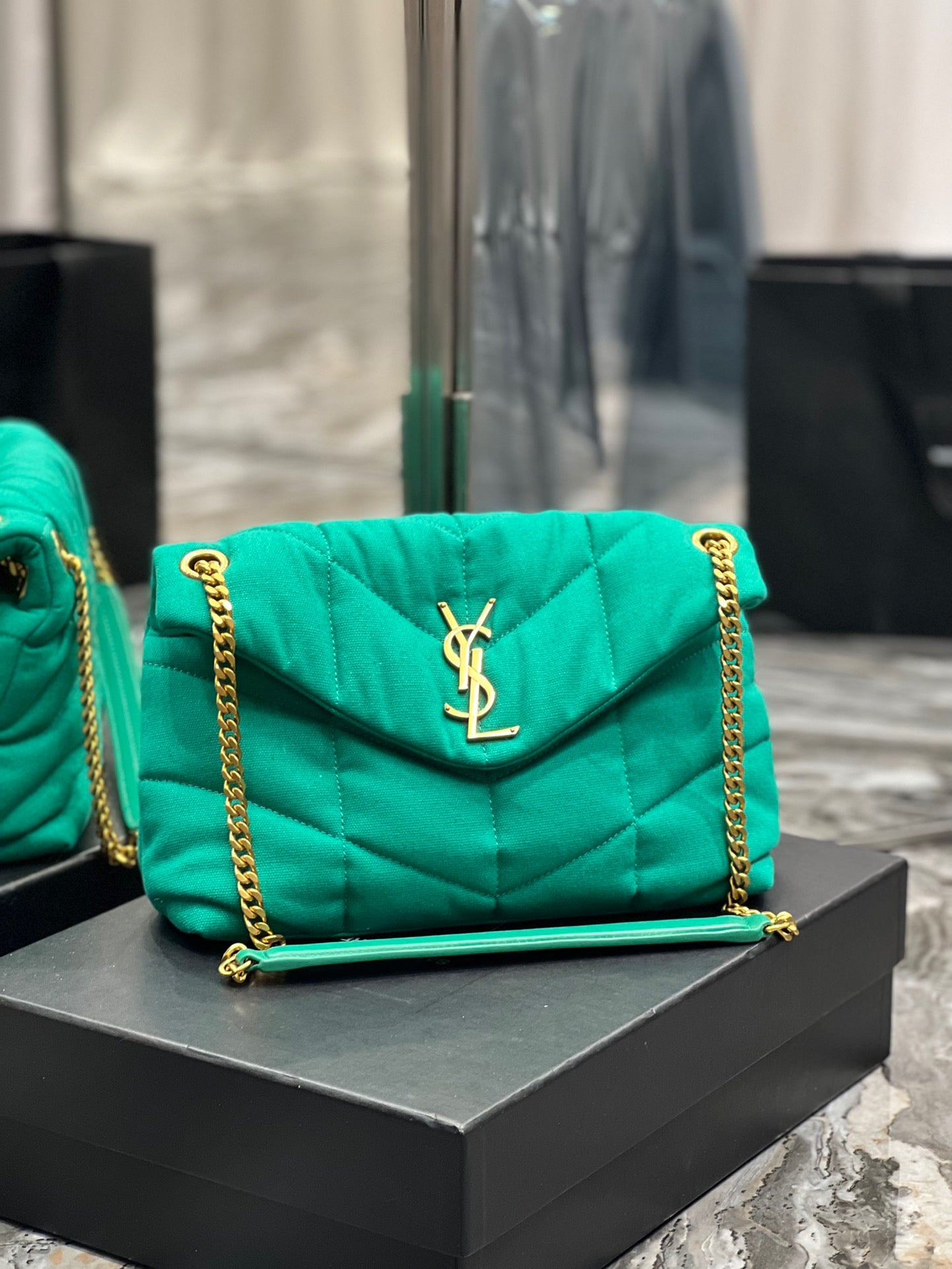 Saint Laurent Puffer Small Green Canvas Chain Bag