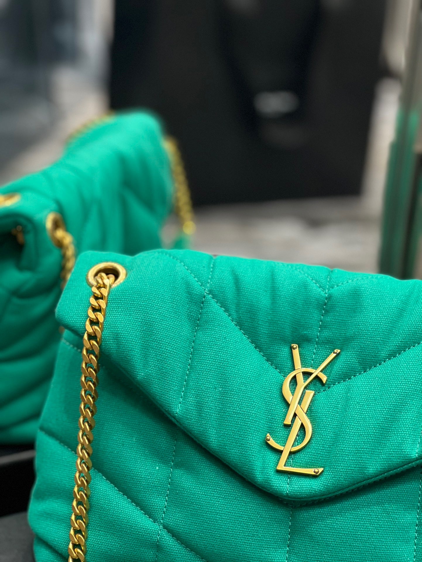 Saint Laurent Puffer Small Green Canvas Chain Bag