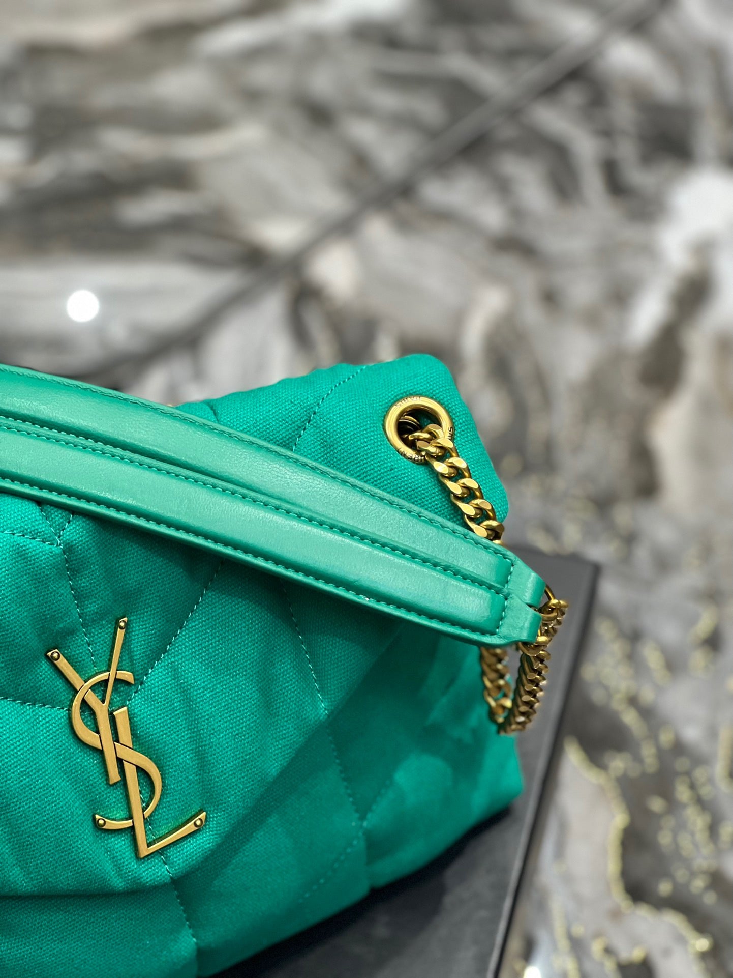 Saint Laurent Puffer Small Green Canvas Chain Bag