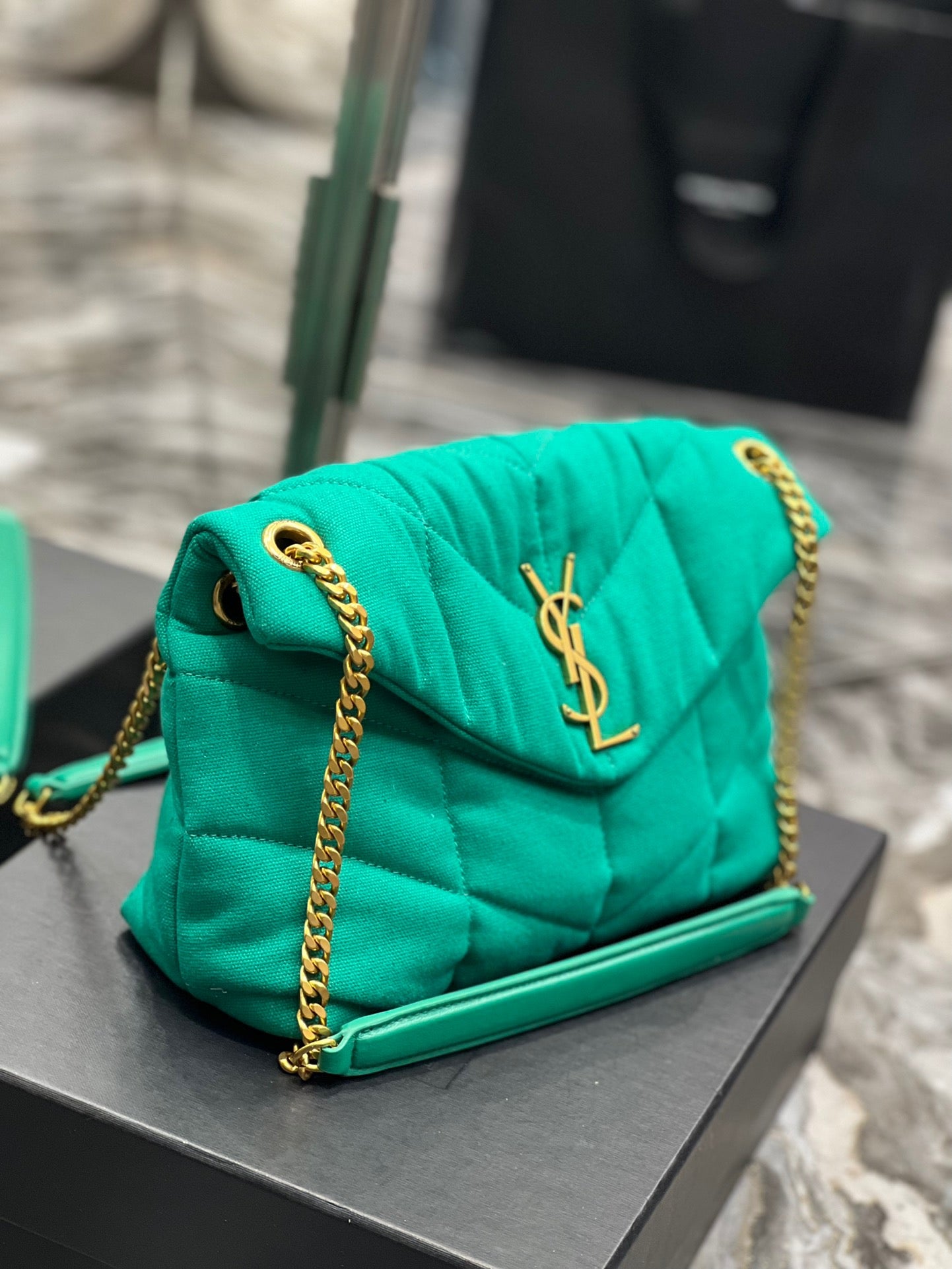 Saint Laurent Puffer Small Green Canvas Chain Bag