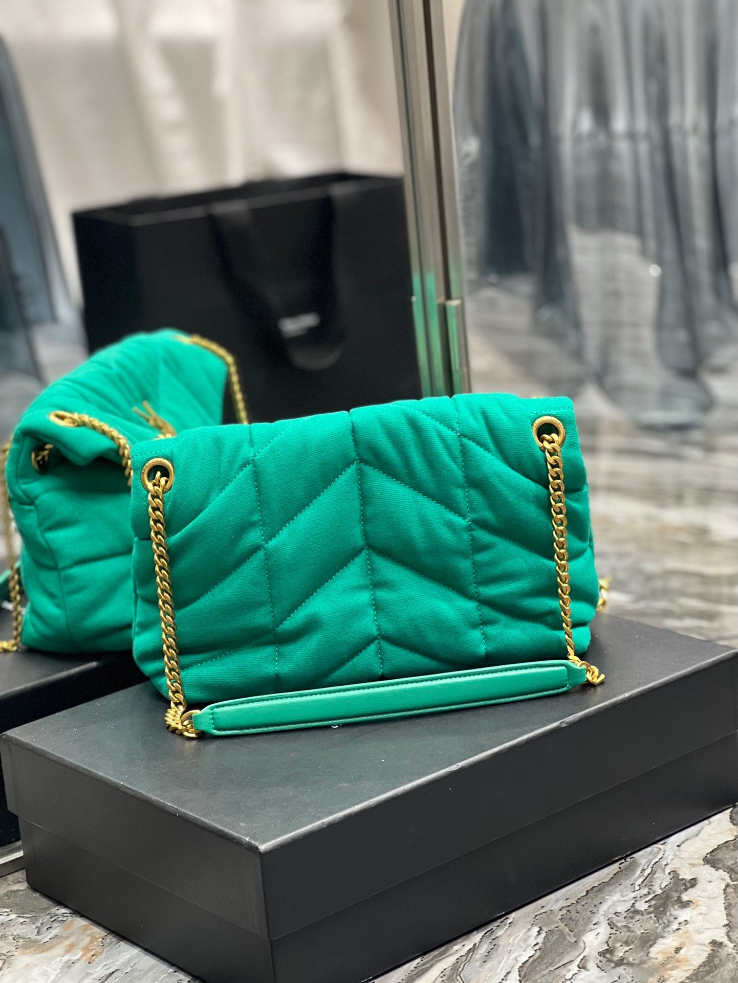 Saint Laurent Puffer Small Green Canvas Chain Bag