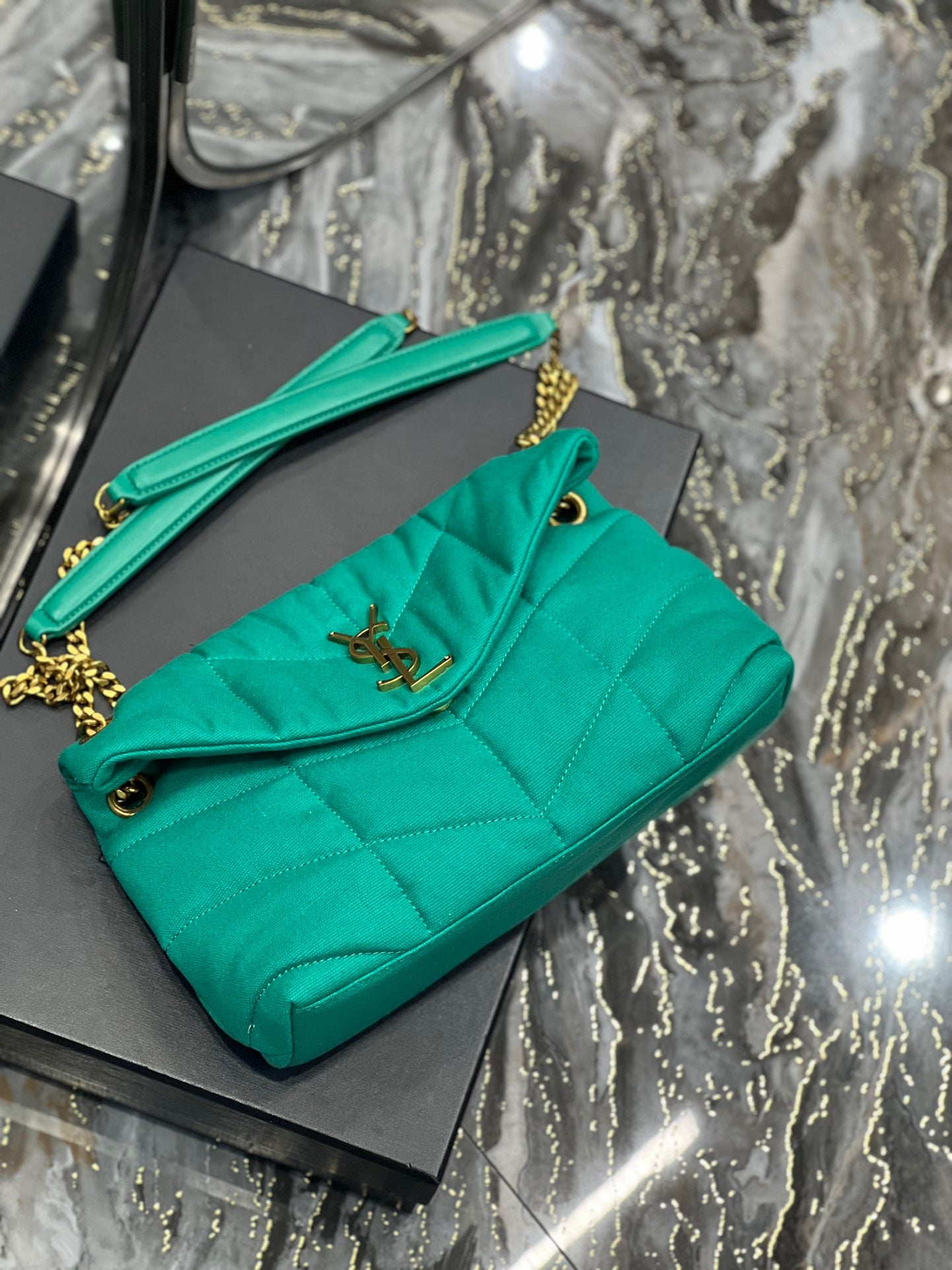 Saint Laurent Puffer Small Green Canvas Chain Bag