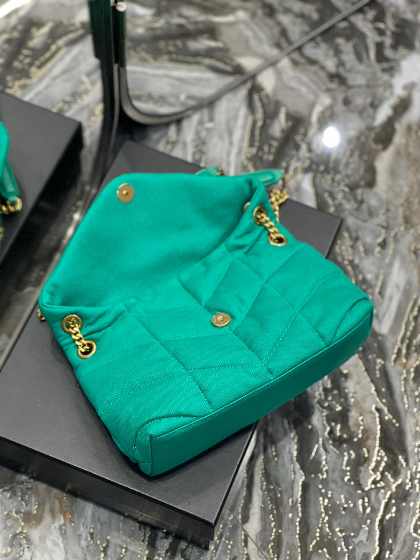 Saint Laurent Puffer Small Green Canvas Chain Bag