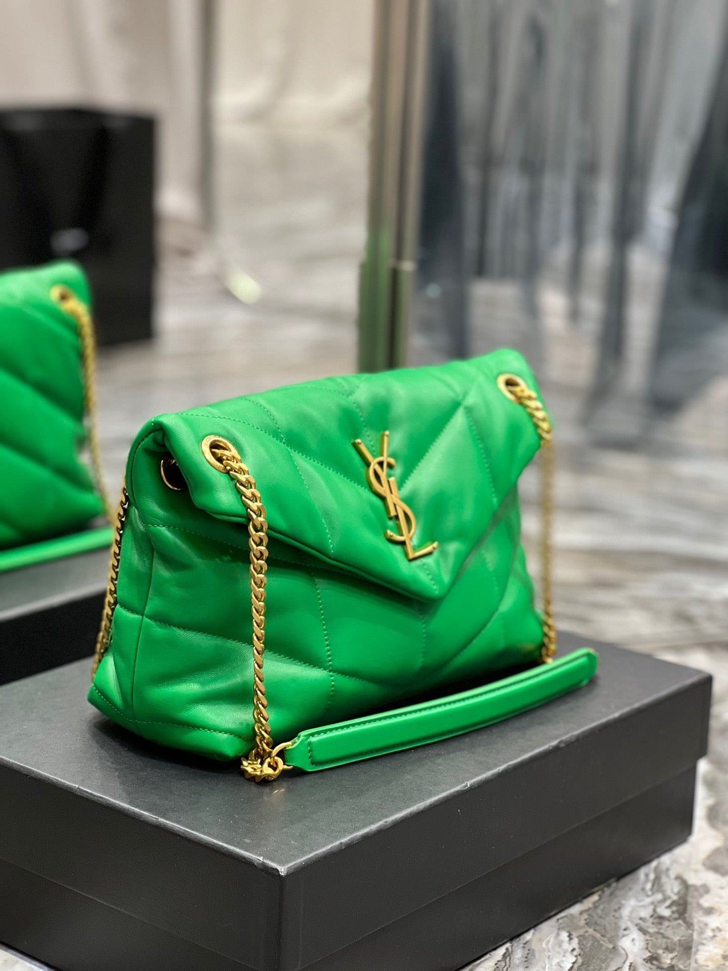 Saint Laurent Puffer Small Chain Bag In Emerald Lambskin