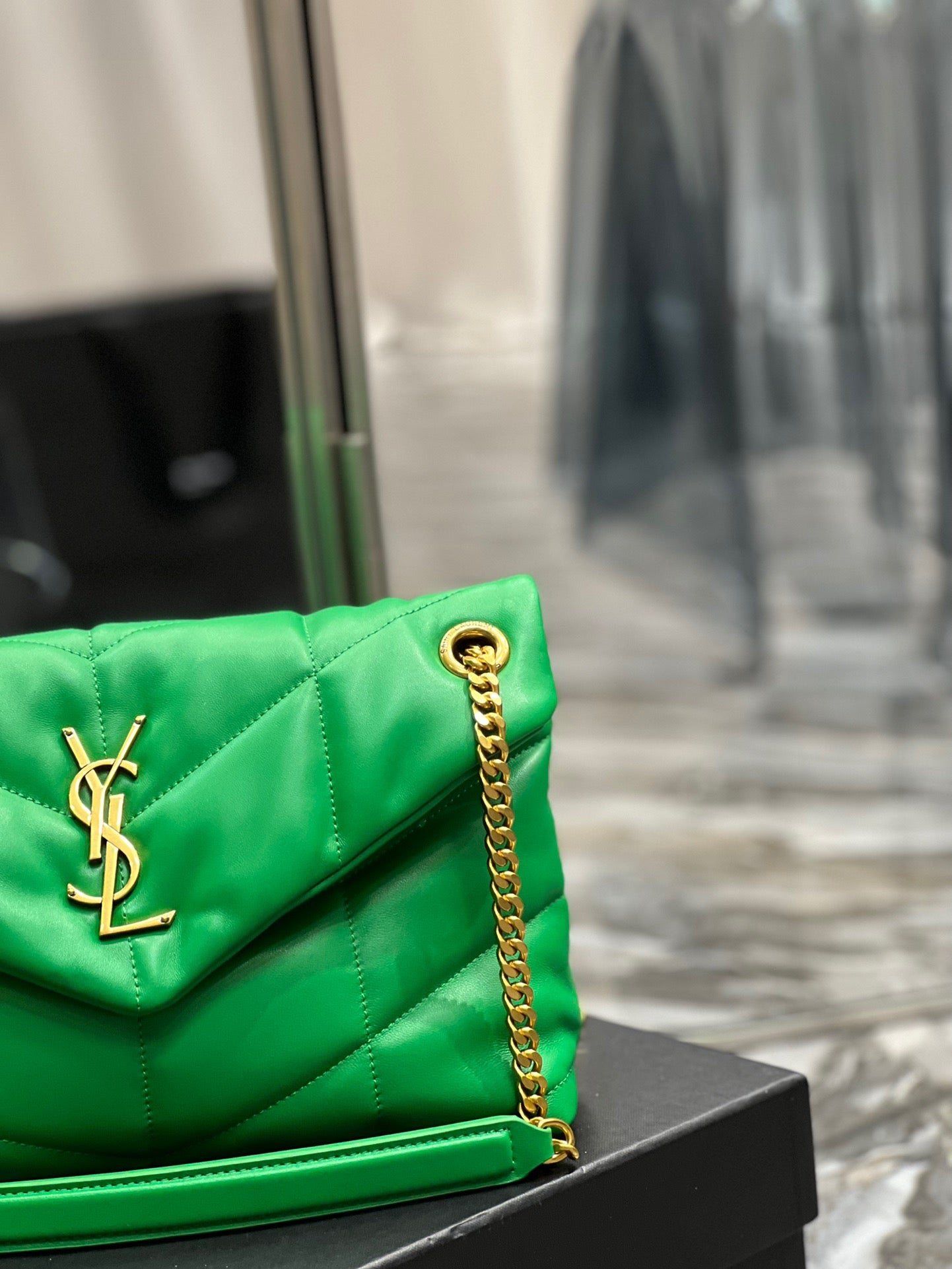 Saint Laurent Puffer Small Chain Bag In Emerald Lambskin