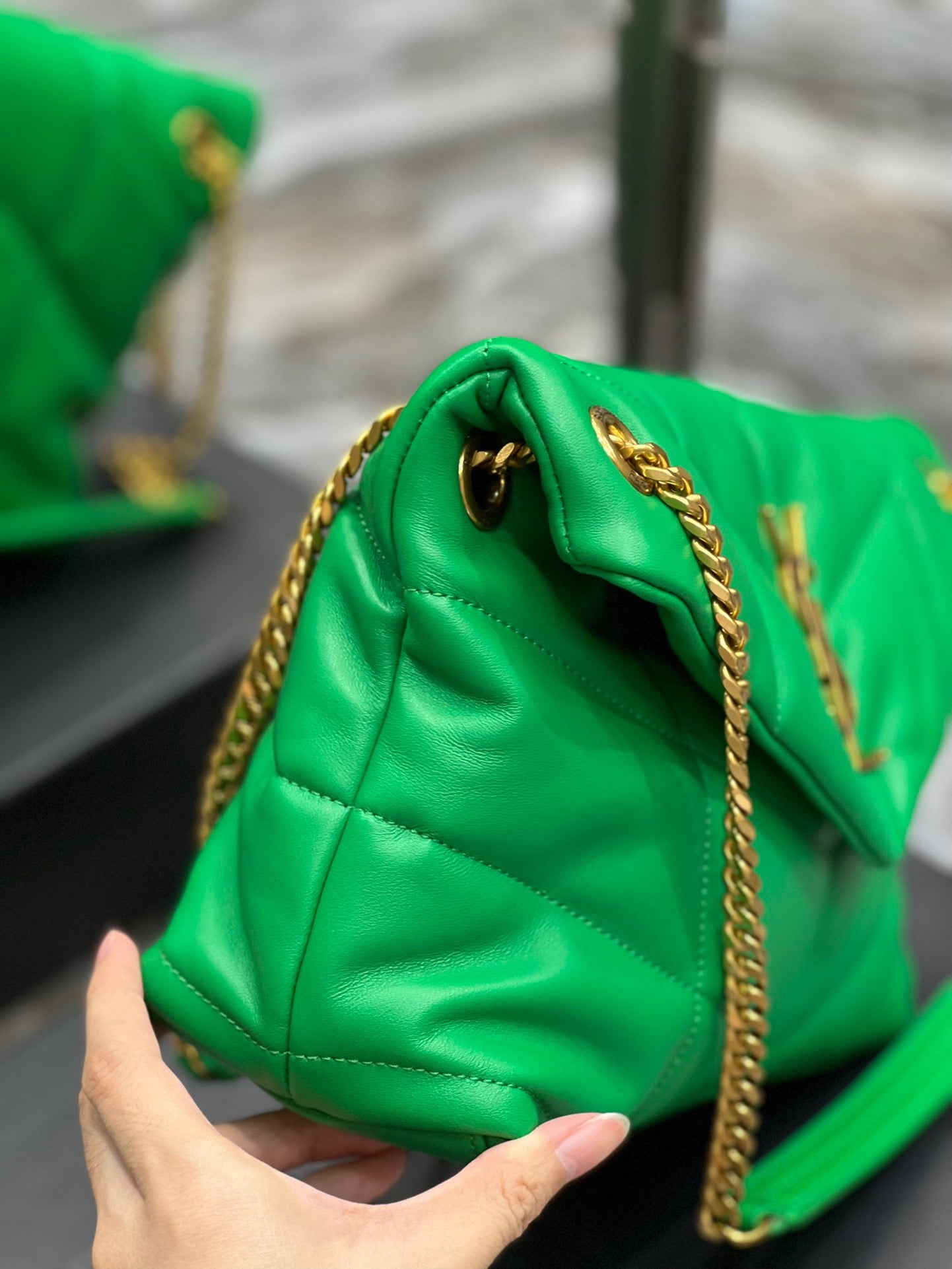 Saint Laurent Puffer Small Chain Bag In Emerald Lambskin