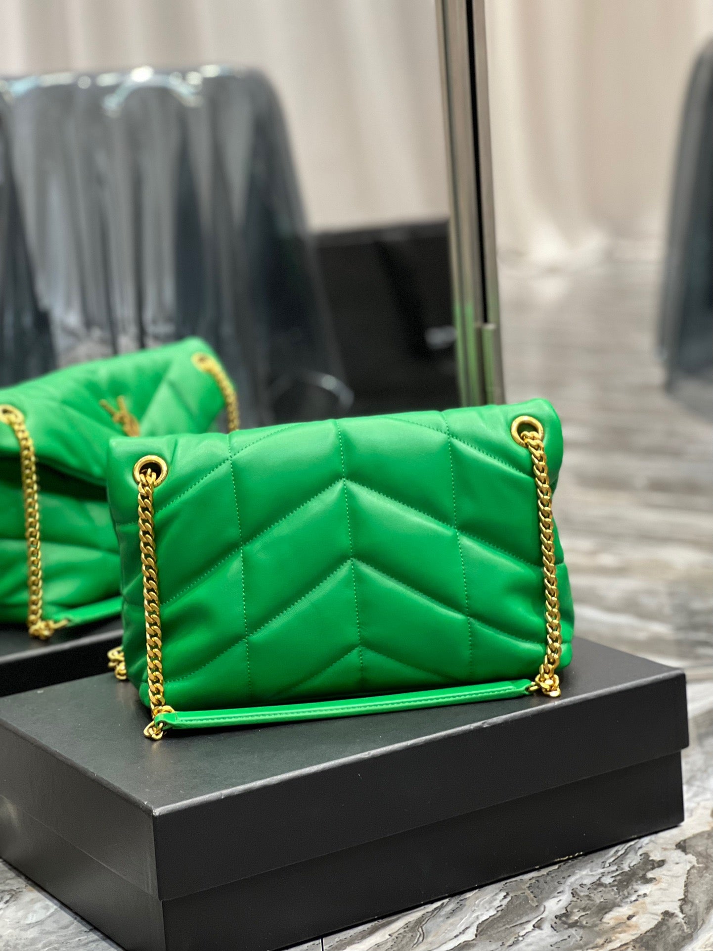 Saint Laurent Puffer Small Chain Bag In Emerald Lambskin