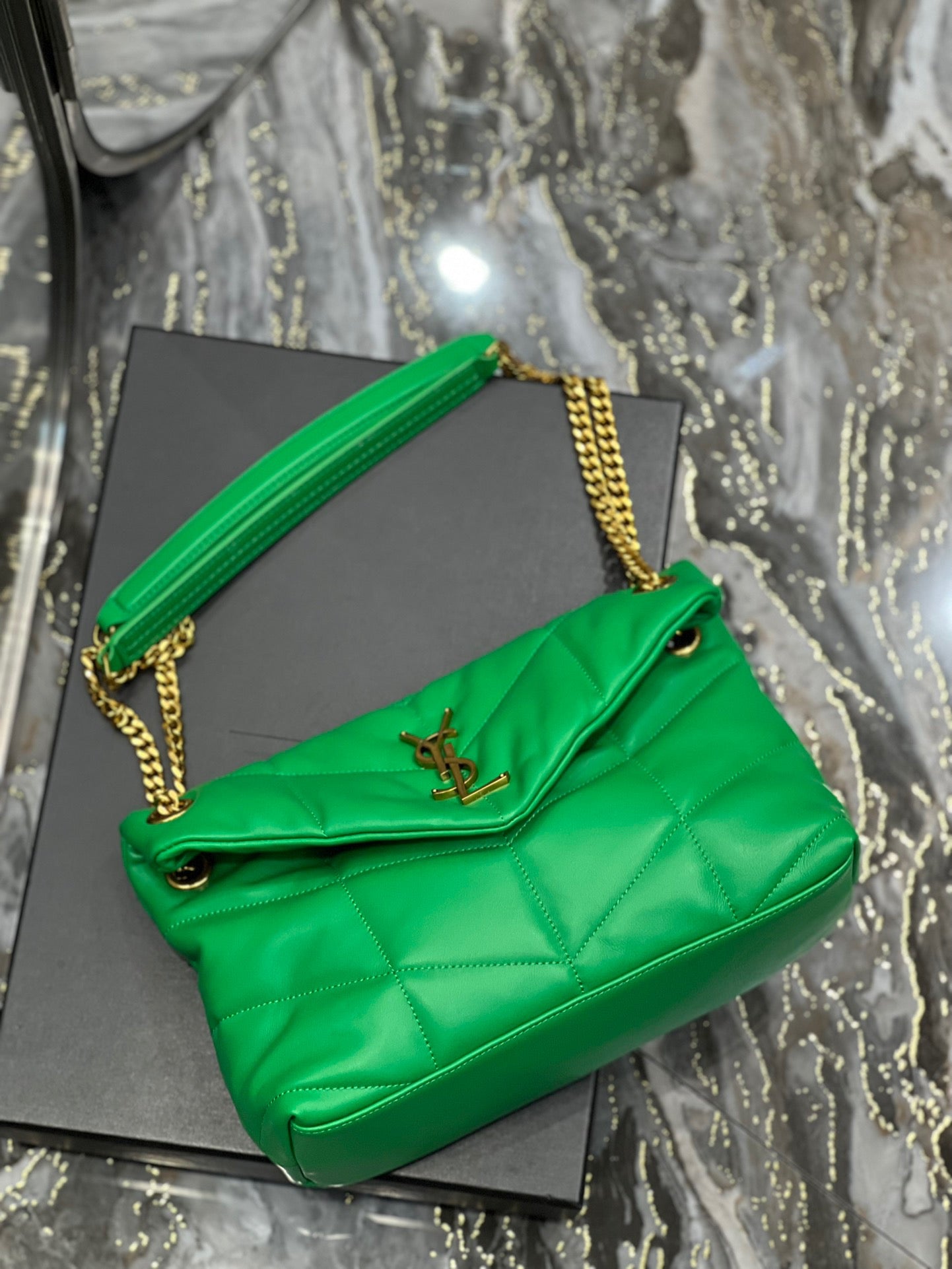 Saint Laurent Puffer Small Chain Bag In Emerald Lambskin