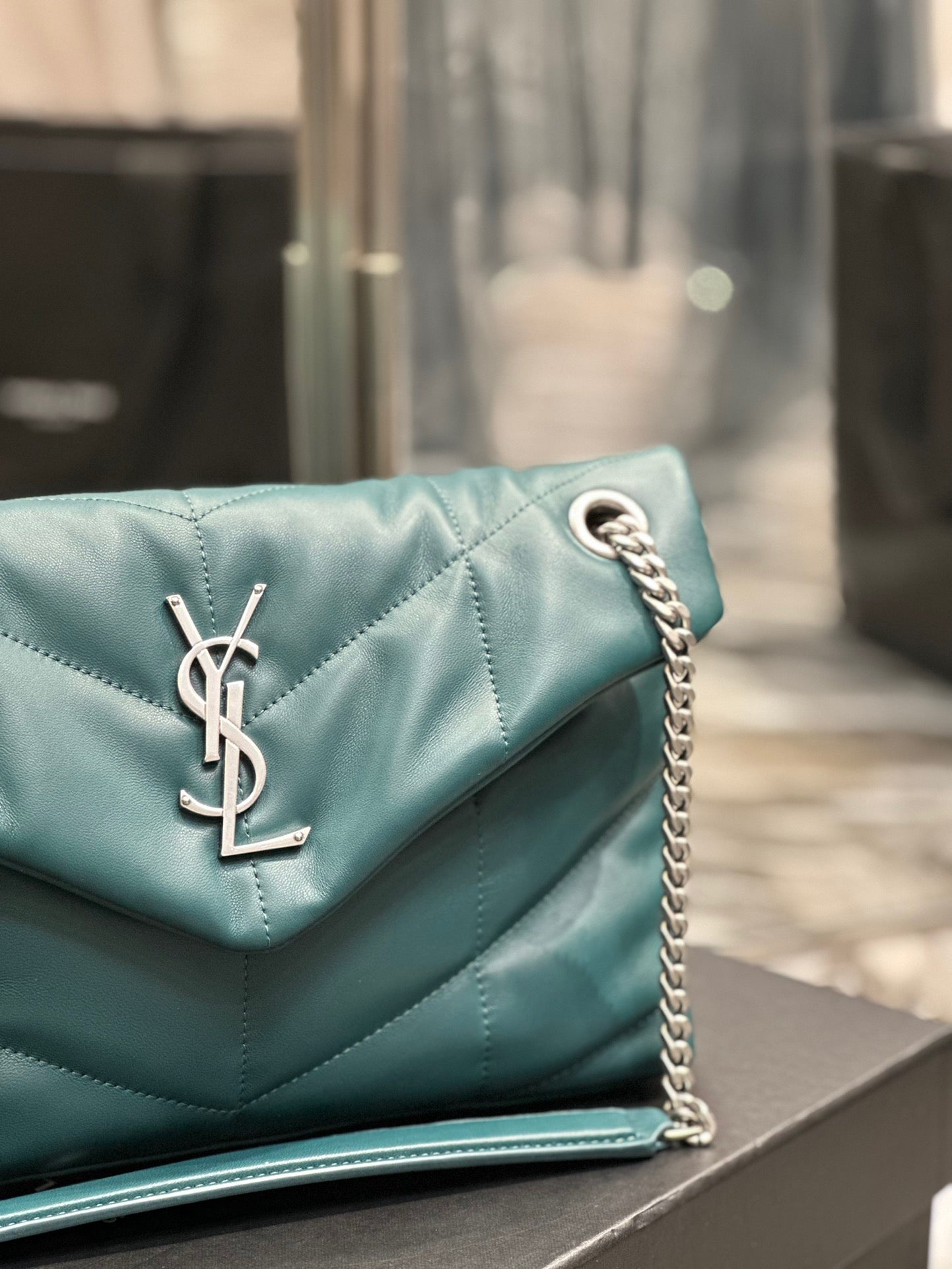 Saint Laurent Puffer Small Chain Bag In Jean Blue Lambskin