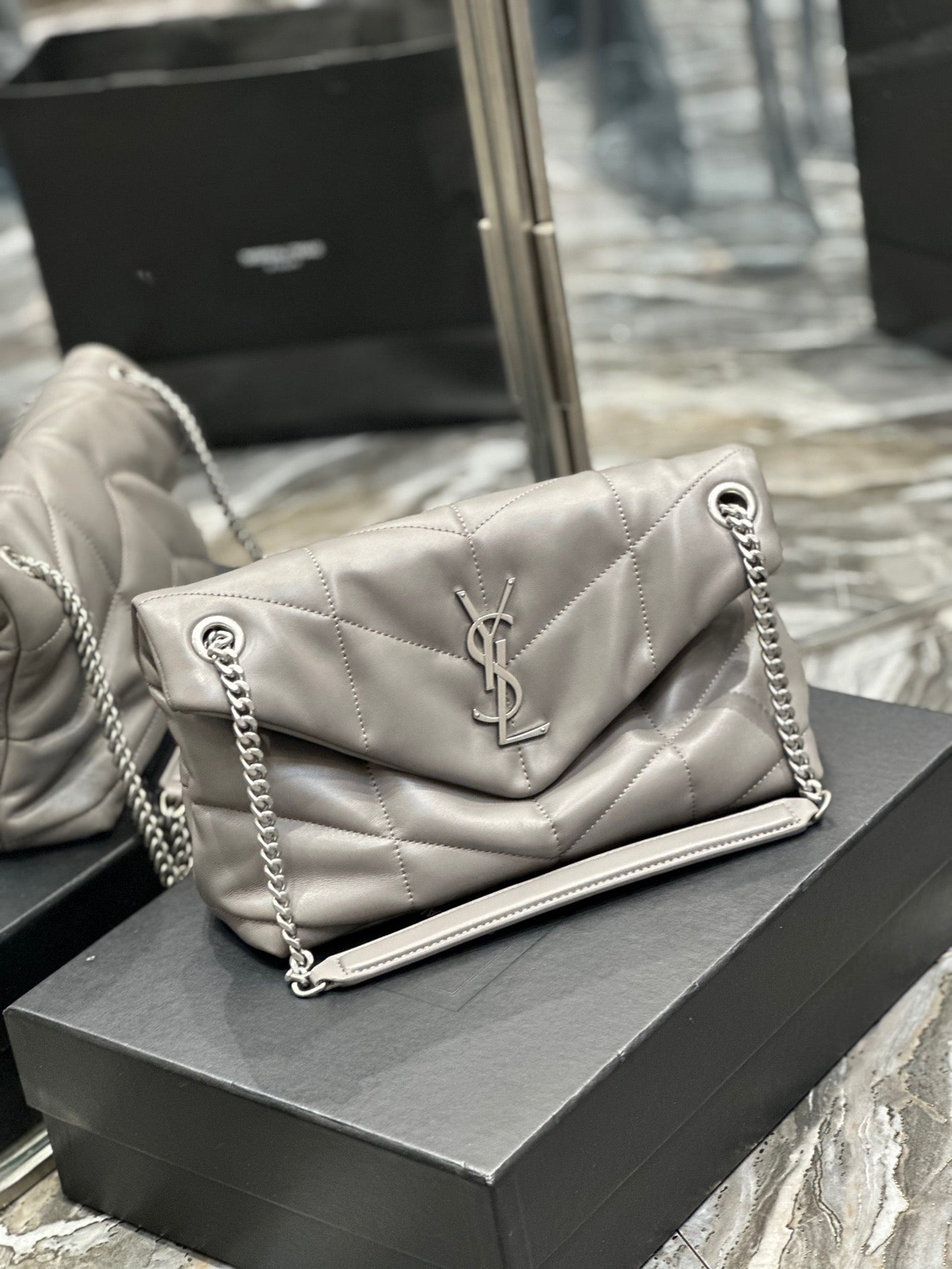 Saint Laurent Puffer Small Chain Bag In Gray Lambskin