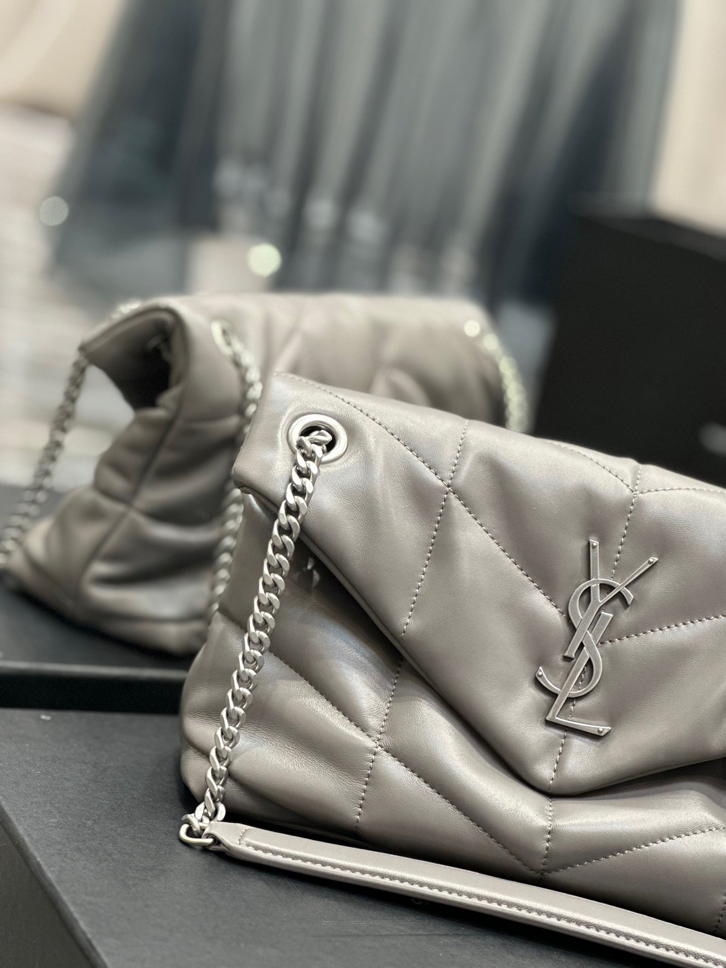 Saint Laurent Puffer Small Chain Bag In Gray Lambskin