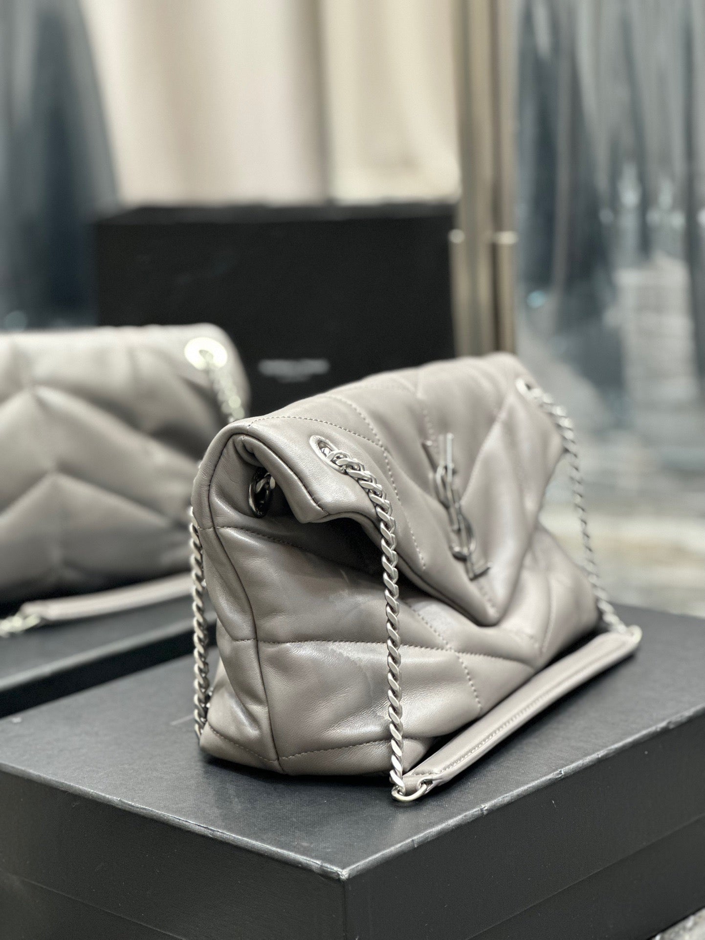 Saint Laurent Puffer Small Chain Bag In Gray Lambskin