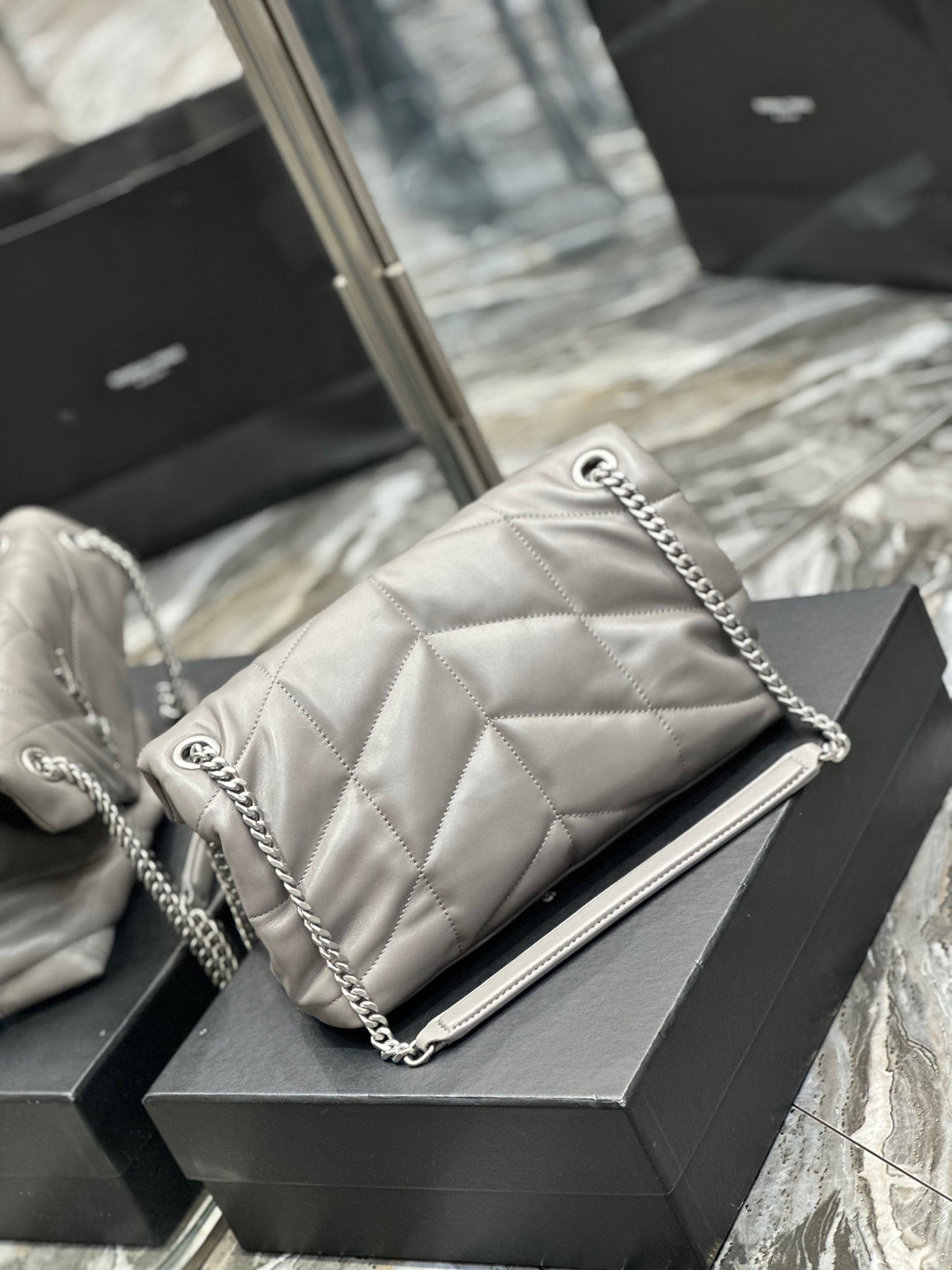 Saint Laurent Puffer Small Chain Bag In Gray Lambskin